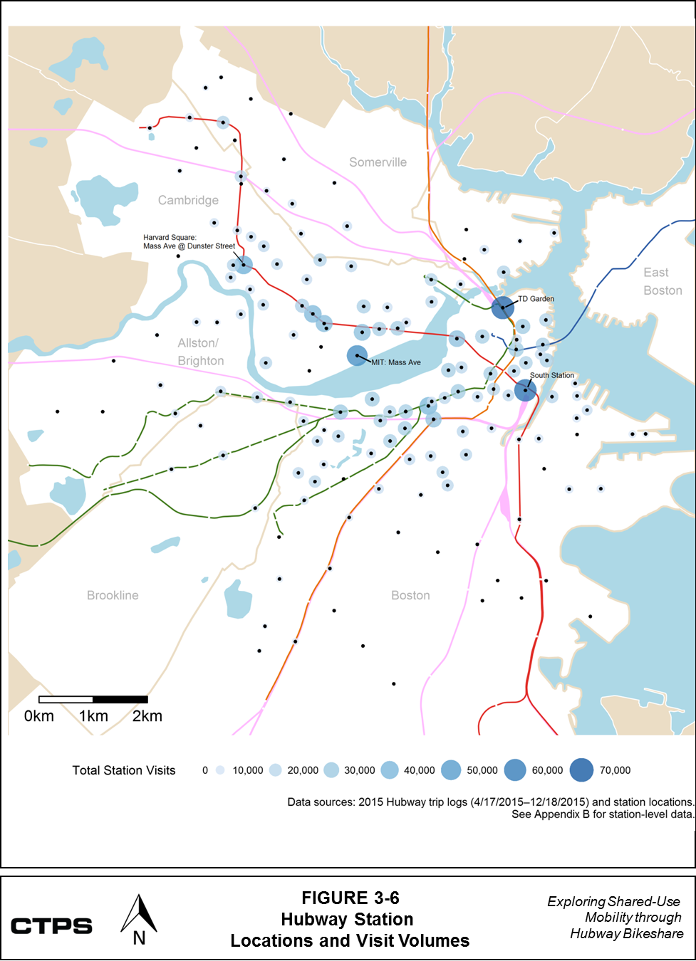 FIGURE 3-6: Hubway Station Location and Visit Volumes: This map shows the locations of Hubway stations and classifies them by visit volumes for the period from April 17, 2015 to December 18, 2015. 